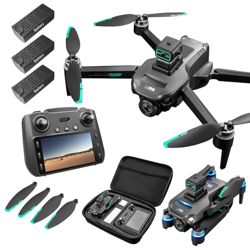 Drone with Camera 4k, GPS HD Drones for Adults, Remote Controller with Screen, Obstacle Avoidance, Brushless Motor FPV, 5G Transmission, 3 Battery, Professional (3 Battery+Black)