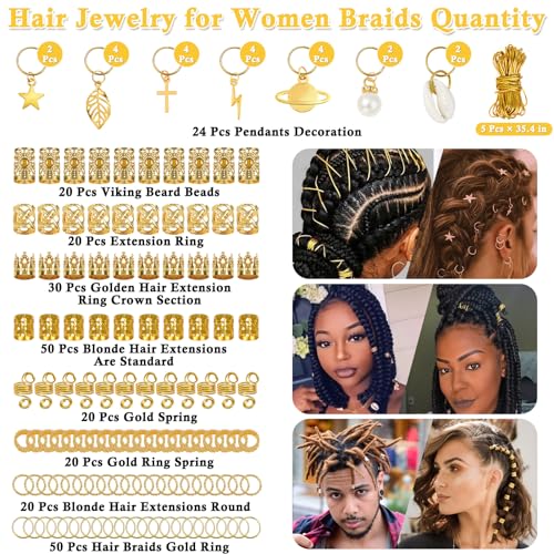 Lucomb 259-Piece Premium Hair Jewelry Set for Braids and Dreadlocks – Gold Charm Accessories for Women – Versatile Hair Cuffs, Rings, and Clips for Creative Styling - Image 3