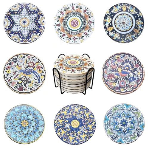 Alihoo Untersetzer für Getränke, 8-Set Keramik Untersetzer für Getränke absorbierend mit Korkbasis und schwarzem Halter,Coasters Geeignet für Couchtisch Geschenk Home Dekoration