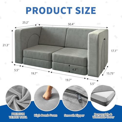 wanan Kids Couch 10PCS, Modular Kids Play Couch for Playroom Bedroom, 10 in 1 Multifunctional Kid Sofa for Playing, Creativing, Sleeping, Indoor Toddler Couches for Boys and Girls(Grey)