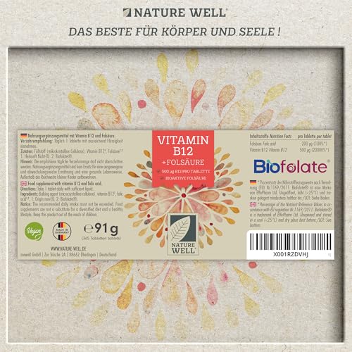 VITAMIN B12 hochdosiert - 365 Tabletten mit 500µg Vit B12 + FOLSÄURE 200µg pro Tablette - mit Methylcobalamin, Adenosylcobalamin & Hydroxocobalamin Vit. B12 - laborgeprüft mit Zertifikat - 100% vegan