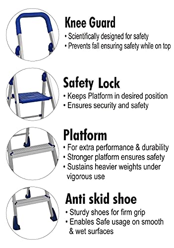 Image of Dynamo - Foldable Aluminium Step Ladder, Safety Clutch Lock, Anti Slip Steps, Knee Guard, Anti Skid PVC Shoes, 4 Steps (Aluminium, Steel, Blue)