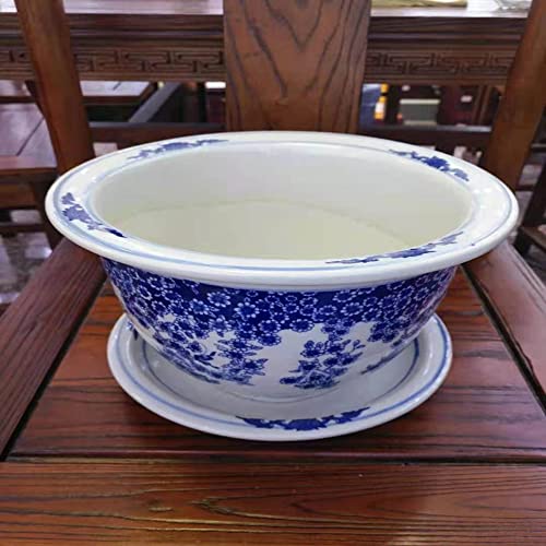 特大シノワズリ青と白の磁器植木鉢景徳鎮陶器植木鉢トレイ付き通気性花緑植物鉢植え植物、E-29cm