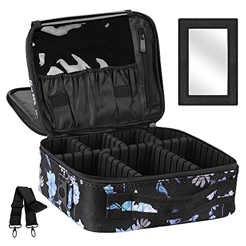 Kootek Travel Makeup Bag 2 Layer Portable Train Cosmetic Case Organizer with Mirror Shoulder Strap Adjustable Dividers for Cosmetics Makeup Brushes Toiletry Jewelry Digital Accessories