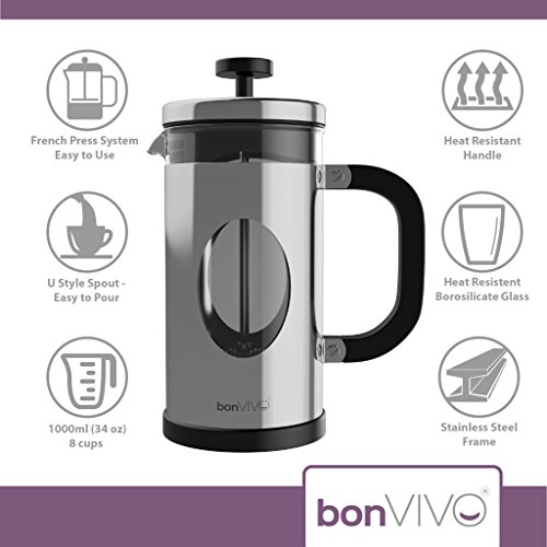 bonVIVO French Press 1L Silber – Kaffeebereiter groß aus Glas & Edelstahl – Kaffeepresse 8 Tassen – Coffee Maker ohne Filter – für Familie & Gäste 4