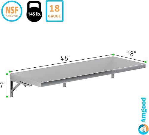 Miniatura 3 de AmGood Estante de pared plegable de acero inoxidable de 18 x 48 pulgadas  Certificado NSF  Camión de alimentos  Cocina, restaurante, garaje,