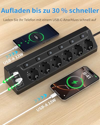 Inhwatek Eck Steckdosenleiste Überspannungsschutz mit USB C, 6 Fach Tischsteckdose Mehrfachsteckdose mit 2M Kabel (4000W,16A), Verteilersteckdose für Küchemit Heim Büro 4
