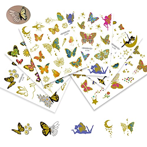 Firot Metallic Temporary Tattoos Laser Glitter Butterfly Watercolor fairies flowers stars Tattoo Stickers for Kids Teens Adults & Body Arm Face Decoration Beauty Accessories 6 Sheets (Metallic)