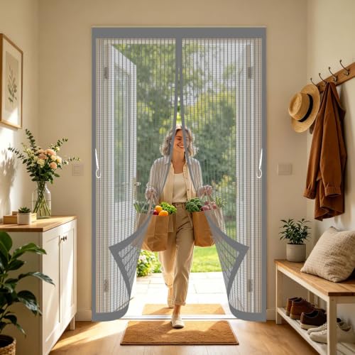 Cortina Mosquitera 136 x 216 cm Poliéster Resistente, con Ganchos, Silenciosa y Automática Mosquitera Imantada Puerta Malla Ultrafina Antimosquitos para Salón, Balcón, Gris