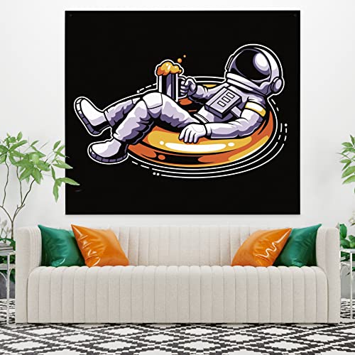 YongFoto 150x130cm Astronaut Wandtapijt, Cool Spaceman Wandtapijten Hand schilderij kosmonaut tekening gele reddingsboei… - Image 3
