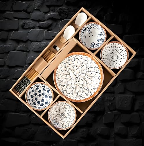 Image of YOMITH Ceramic Dinnerware Set, Floral Design Kitchen and Dining Porcelain Serving Dinner Set 2 Plates, 4 Bowls, 4 Soup Spoon & 4 Wooden Chopsticks, with Gift Box (Set of 14)