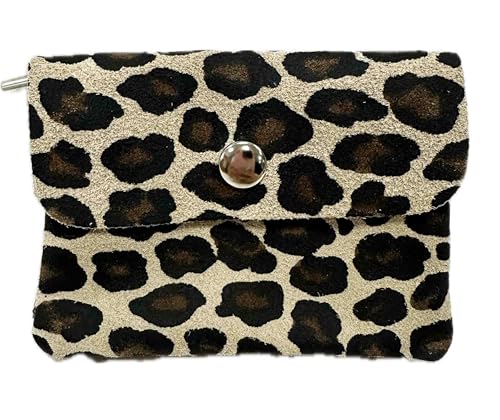 Rauhleder mini Geldbörse Leopard Veloursleder Portemonnaie Geldbeutel Wallet Leder Leo Made in Italy (Leo Khaki)