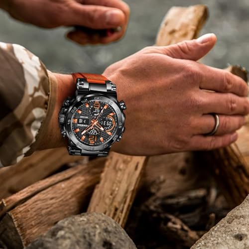 Image of LIGE Stylish Men's Watches Sports Outdoor Waterproof Military Watch Date Multi Function Tactics LED Alarm Orange Dial Stopwatch Analog Digital Orange Silicone Strap Wristwatch for Man