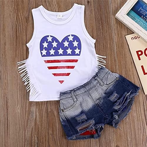 Toddler Baby Girls 4th of July Outfits Set Sleeveless Tassels Vest Tops+ Ripped Denim Shorts Summer Clothes3