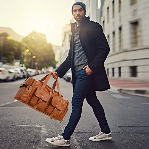 Zeroway PU Leather Travel Duffel Bag with Shoe Pouch Large Carry on Bag Waterproof Weekender Overnight Bag for Men Women Brown