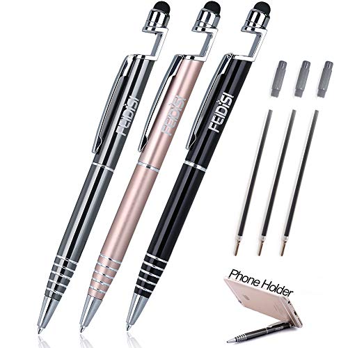 FEIDISI Stylus Pens for Touch Screens,Samsung,HTC,Kindle,Tablet, Ballpoint Ink Pen with 3 Refills, Capacitive Pen with Mobile Phone Stand, 3-in-1 Pen, 3PK