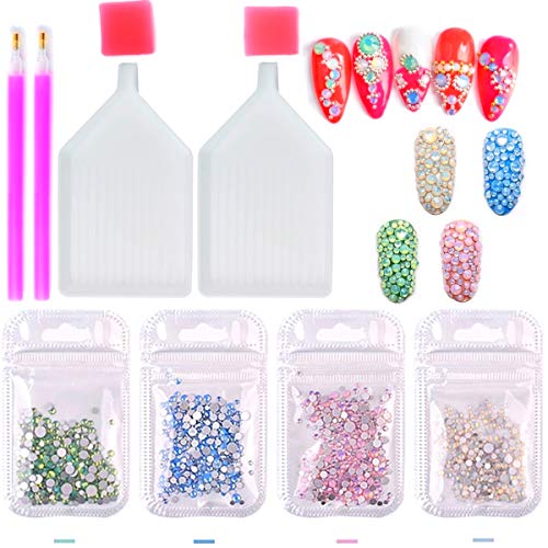 3D Opal Nail Art Rhinestones Gems Kit Charms Pink White Blue Green Flat Back Crystal Diamond Rhinestones Stones with Storage Organizer Box and Picker Pencil Craft DIY (opal)