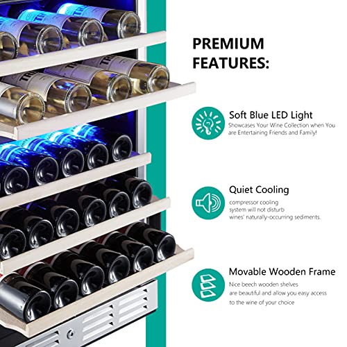 Kalamera 24'' Wine Cooler Refrigerator 46 Bottle Dual Zone Built-In Or Freestanding Fridge With Stainless Steel & Triple-Layer Tempered Reversible Glass Door And Temperature Memory Function #TOP4