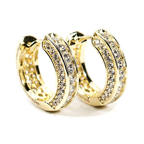 Men's Elegant Luxury Fashion Round Circle Fully Iced Cz Cartilage Cuff Yellow Gold Sterling Silver Cubic Zirconia Huggie Small Hoop Earrings Gifts For Men Women