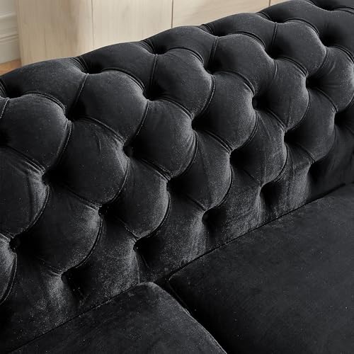 Image of KEIKI 84 inch Luxury Oversized Velvet Chesterfield Sofa with 2 Pillow & Gold Stainless Decoration, Italian Modern Style 3-Seater Button Tufted Couch with Rolled Arms, Easy Assembly, for Living Room, Black
