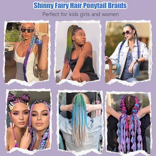 Loevcc 2Pcs Ponytail Hair Extensions Mixed Glitter Hair Tinsel Kit With Hair Tie, Jumbo Braiding Hair High Temperature Synthetic Hairpieces Fairy Hair For Women Girl Christmas New Year Halloween Cosplay thumb #5