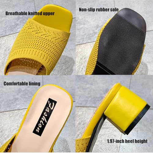 Women's Square Open Toe Knitted Chunky Heel Sandals Summer Hollow Breathable Comfortable Casual Dress Slip On Slides Shoes3
