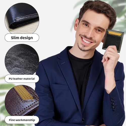 Men Wallet, Soft Leather Men Bifold Wallet Slim Wallet with a Flip ID Window, 9 Cards Slots and 2 Cash Pocket(Brown)4