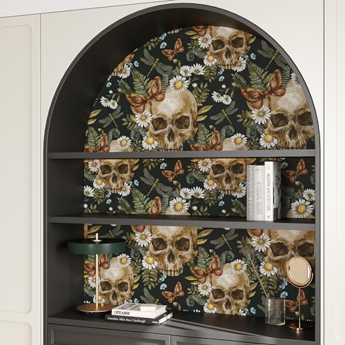 VEELIKE Tapete Totenköpfen Farnen Gothic Dunkle Blumentapete Vintage Tapete Blumen Schwarz Mustertapete Tropische Blätter Dschungel Tapeten Kinderzimmer Badezimmer Schlafzimmer Flur 44.5cm x 300cm