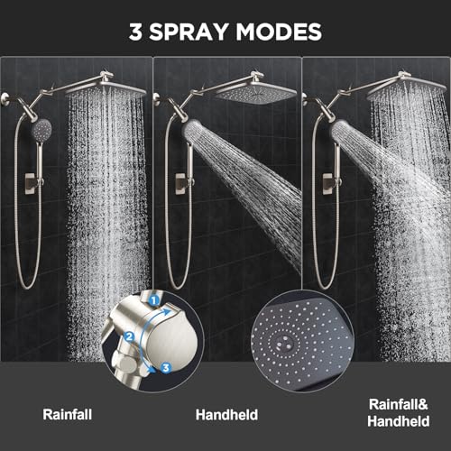 Image of Veken 11.8 inch Brushed Nickel Rain Shower Head with Handheld, High Pressure Handheld Shower Heads with Multi Spray Modes,Rainfall Combo with 15 inch Metal Extension Arm,Detachable Dual Shower,Regaderas Para