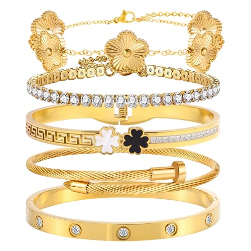 18K Gold Plated Four Leaf Clover Bracelet for Women - Stainless Steel Non-Tarnish Trendy Bangle Set, Lucky Charm Jewelry, Christmas Valentines Birthday Gifts for Girlfriend Wife