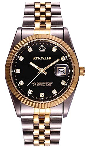 REGINALD Fashion Unisex Watch Luminous Hands Sapphire Stainless Steel Quartz Dial Black Watches (Gold/Black)