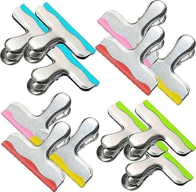 12 Pack Metal Chip Clips with Silicone Edges ¨C Heavy Duty Bag Clips for Food Packages, Kitchen, Office ¨C Color Coded, Air Tight Extra Strong Clamps, 3 Inches Wide (12)