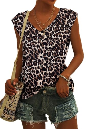 NARRAME T-Shirt à Manches Courtes et col en V pour Femme - Chemisier d'été léger et décontracté Léopard Imprimé Animal Petit S 34-36