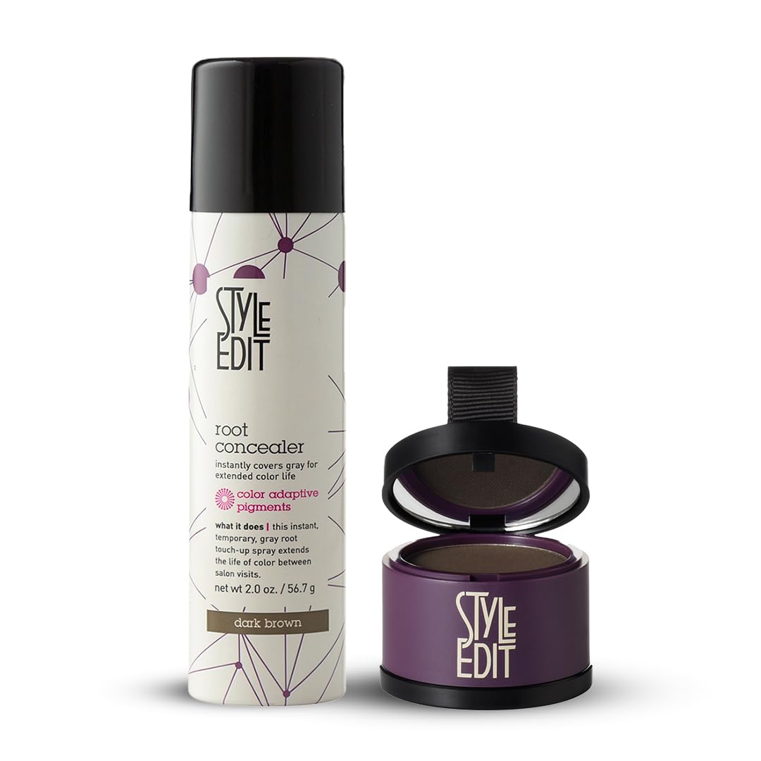 Style Edit Root Concealer Spray and Root Touch Up powder, to Cover Up Roots and Grays, Dark Brown Hair Color.