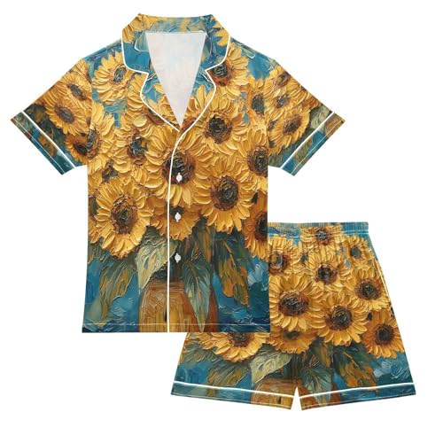 ALAZA Oil Painting Sunflower Leaf Floral Blue Satin Pajamas Set Short Sleeve Button Down Sleepwear Summer Pjs 2 Piece