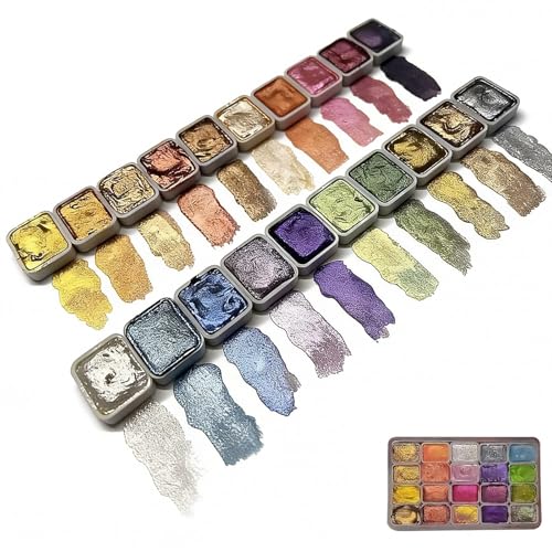 bafeooo 20 Colors Glitter Watercolour Paint Set Shimmer Watercolour Paints Gouache Paint Set Water Colour Sets Pearlescent Watercolour Solid Paint Box for Canvas Wall Paper Journals and Art Lovers