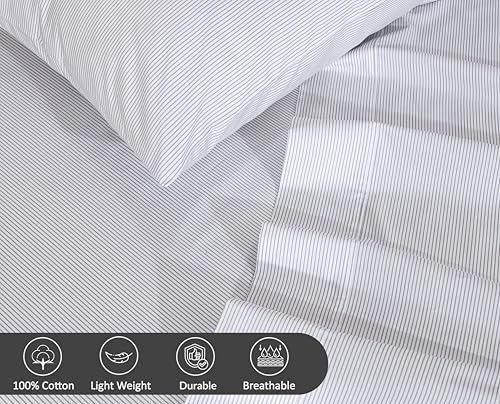 Image of RUVANTI 100% Cotton Percale Sheets Split King Size - Crisp Cooling Bed Sheets for Hot Sleepers, Deep Pocket 16 inch, Soft Breathable & Durable Hotel-Style 5 Piece Set, Grey Pinn Stripe