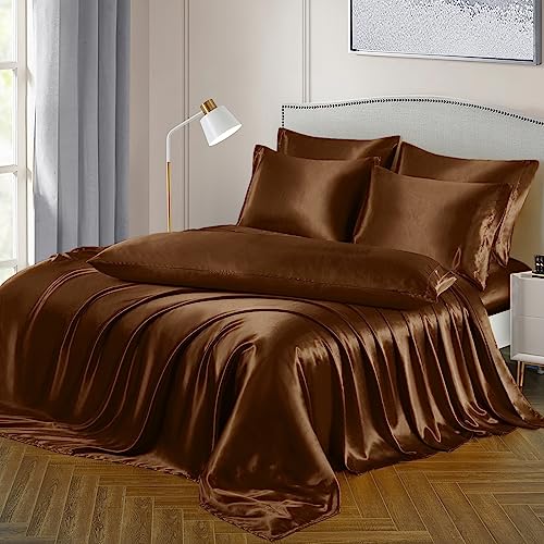 Image of Ersmak 7 Pieces Satin Sheets Set Queen Size, Luxury Silky Brown Satin Bed Sheets Set with 1 Deep Pocket Fitted Sheet, 1 Soft Flat Sheet, 4 Queen Pillowcases and 1 Body Pillowcase