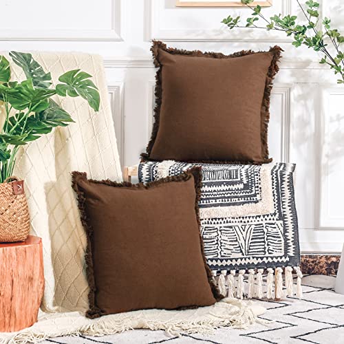 Nexhome Pro Boho Throw Pillow Covers For Couch Set Of 2 18"X18", Handmade Decorative Linen Pillow Covers For Bed, Sofa, Living Room, Farmhouse Fringed Cushion Covers, Fall Brown (Insert Not Included) #TOP2