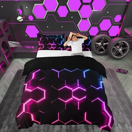 Juego de ropa de cama hexagonal con estampado rojo, rosa, azul y negro, para niños, adolescentes, decoración de panal de abeja, funda de edredón geométrica de colmena, colección de dormitorio, 2 piez