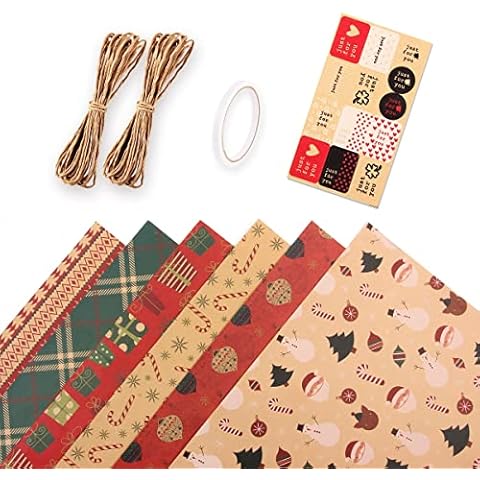 6 Pcs Set Christmas Wrapping Paper Birthday Wrapping Paper For Boy Men Women Girls Kid, Recycled Kraft Wrapping Paper, 20 x 28 inches Brown Kraft Folded Paper with Jute Strings, Stickers and Bows Cover