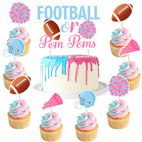 Sursurprise Football Gender Reveal Decorations, 25PCS Football or Pom Poms Cake Topper Cupcake Toppers, Gender Reveal Party Supplies for Boy or Girl