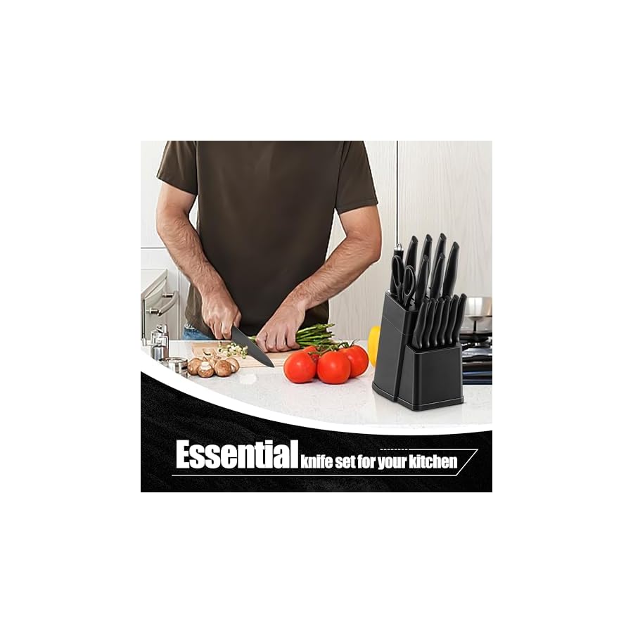 HaWare Knife Set, 21 Pieces Stainless Steel Kitchen Knife Block Set, Black Chef Knife Sets with 6 Steak Kinves, Measuring Spoon & Slicer for Home, Sharp Blade & Light Weight Cutlery, Ergonomic Handle