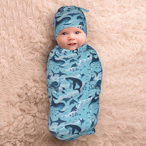 Image of Sea Waves Dolphins Sharks Whale Octopus Baby Stuff Swaddle Blanket Wrap Baby Newborn Blanket Soft Stretchy with Headband Hat Set Gift for Infant Boy Girl