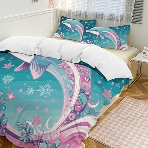 Parure de lit 3 pièces imprimé dauphin et flocon en microfibre légère pour lit 228x228 cm