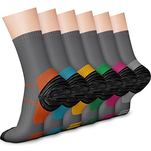 CHARMKING 6 Pairs Crew Compression Socks for Women & Men Circulation 15-20 mmHg is Best for All Day Wear Running Nurse