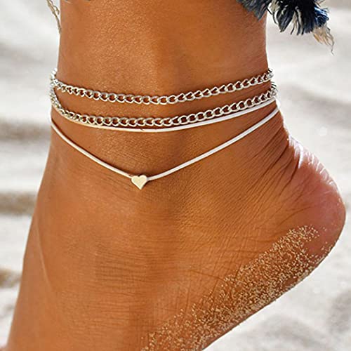 Handcess Boho Layered Anklets Silver Heart Ankle Bracelets Braided Love Foot Chain Jewelry for Women and Girls