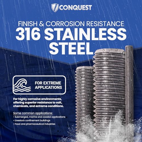 Image of Conquest Type 316 Stainless Steel Threaded Rod 1 inch-8 x 12 | (2 Pack), Coarse Threaded All-Thread Rods for Marine, Industrial, and Outdoor Use