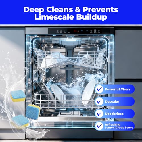 Image of Dishwasher Cleaning Tablets (24 Count) - with Fresh Lemon Scent Dishwasher Cleaner and Deodorizer, Deep Cleans & Descales, Fits All Dishwashers, Septic Safe, 12 Month Supply
