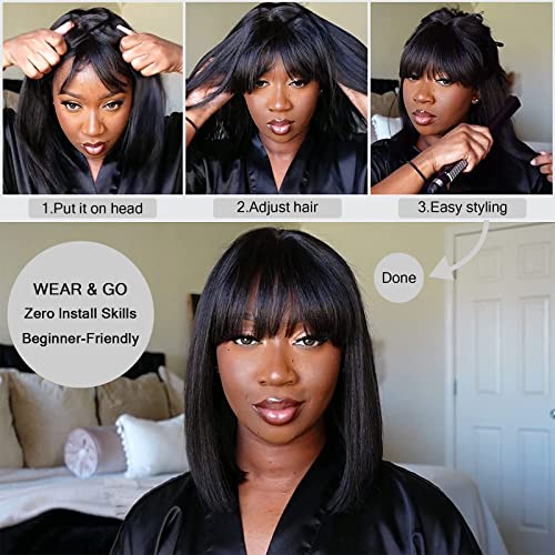 G&T Wig 12" Straight Human Hair Lace Bob Wig With Bangs Realistic Look 2X1 Hd Lace Glueless Wigs Blunt Cut Short Straight Human Hair Wigs For Black White Women (Natural Black) #TOP7